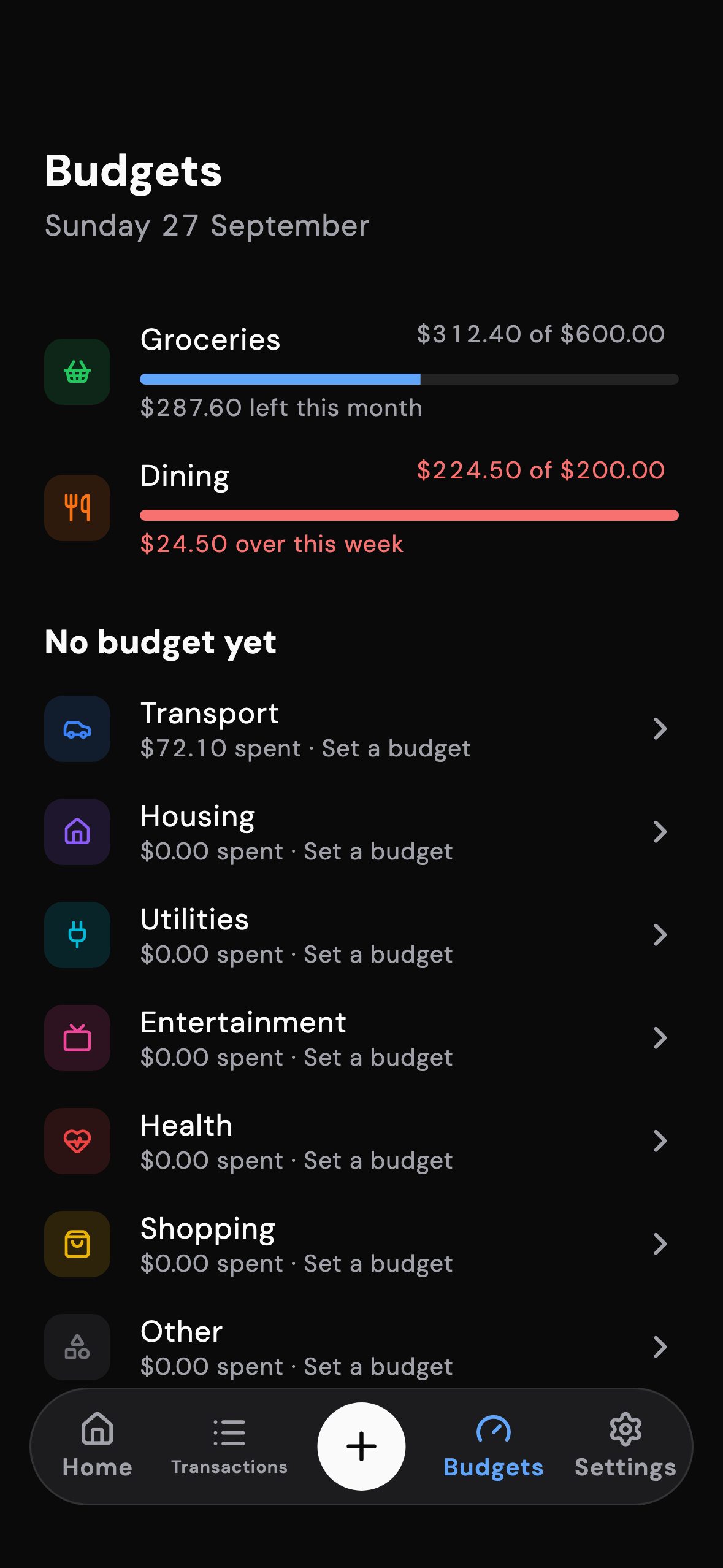 Budgets with progress bars per category