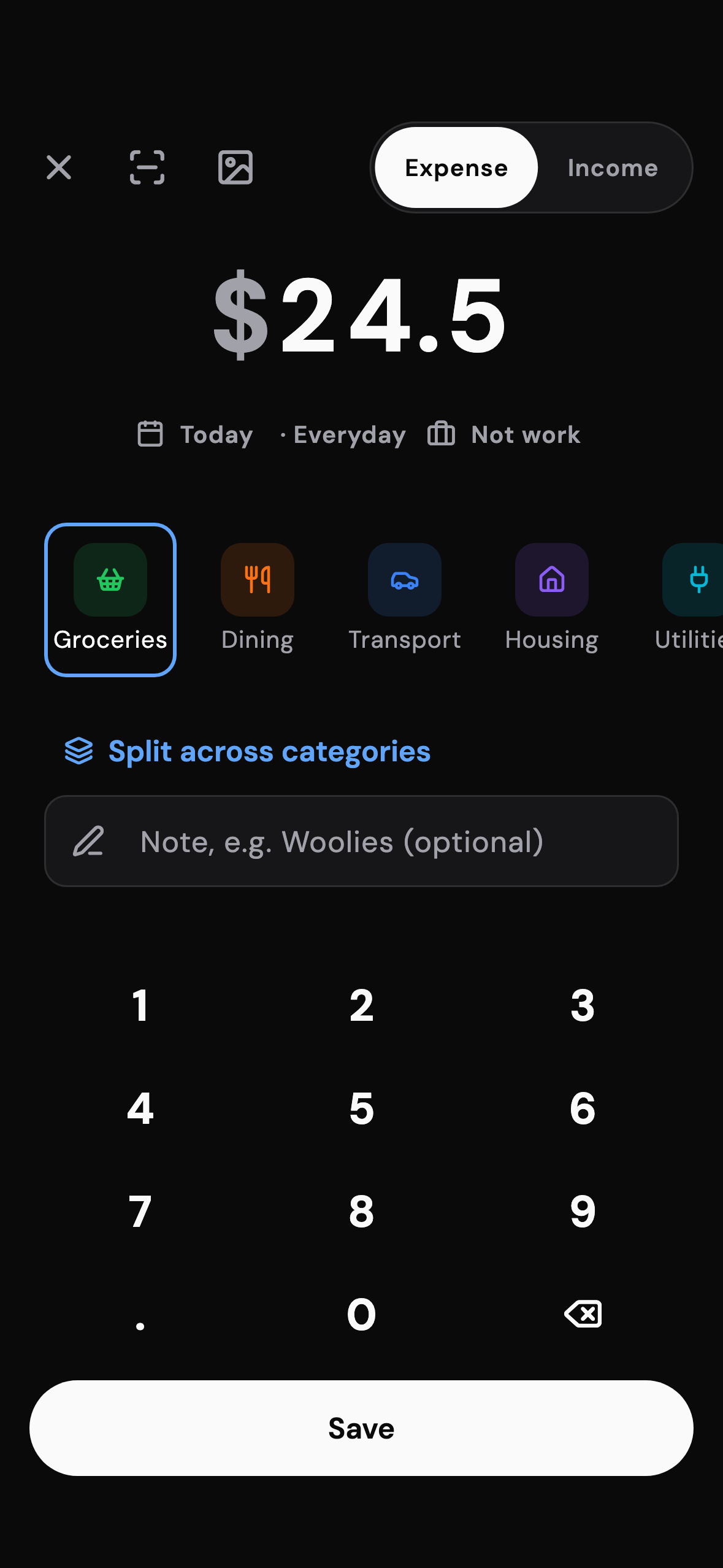 Quick add: the amount keypad, category tiles, a note, and the scan and photo buttons