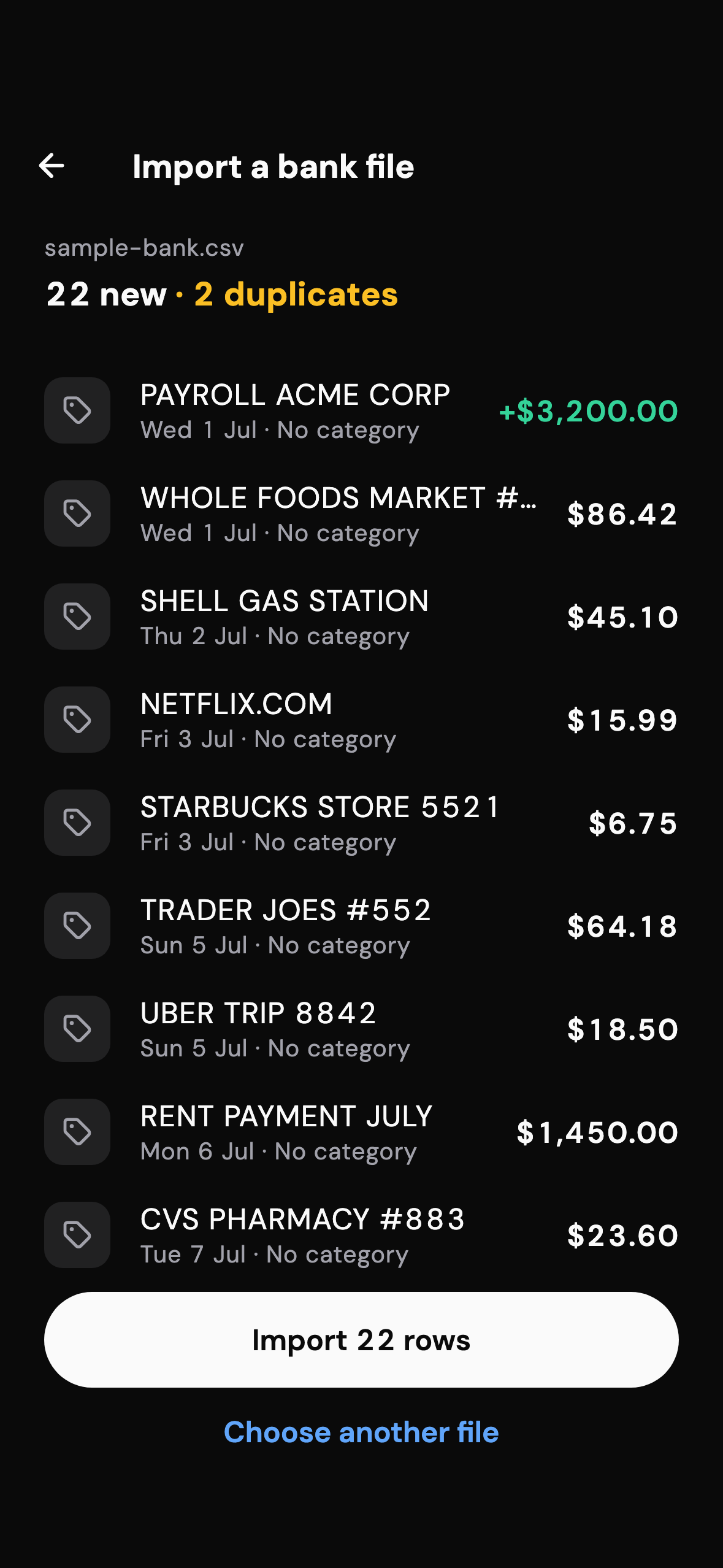 A bank statement import preview with duplicates marked